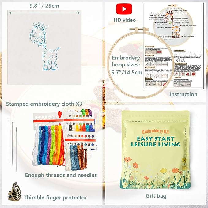 embroidery kit for beginners adults, adult starter cross stitch kit needlepoint complete diy kit with unique patterns, hoop, colorful threads, tools, step by step instructions & video tutorial