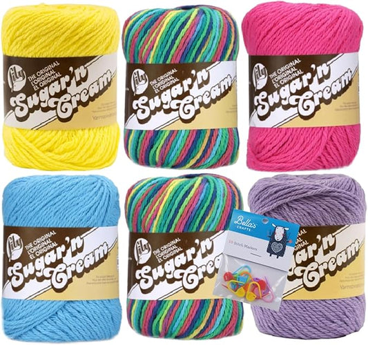 Lily Sugar'n Cream 100% Cotton Yarn 6-Pack Bundle with Bella's Crafts Stitch Markers (Psychadelic Mix)