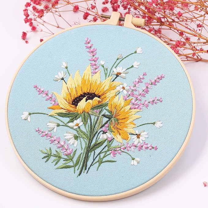 4pcs embroidery kits for beginners, including printed embroidery cloth with flower patterns, 2 plastic embroidery rings, 1 pair of scissors, colored threads, needles and an embroidery instructions