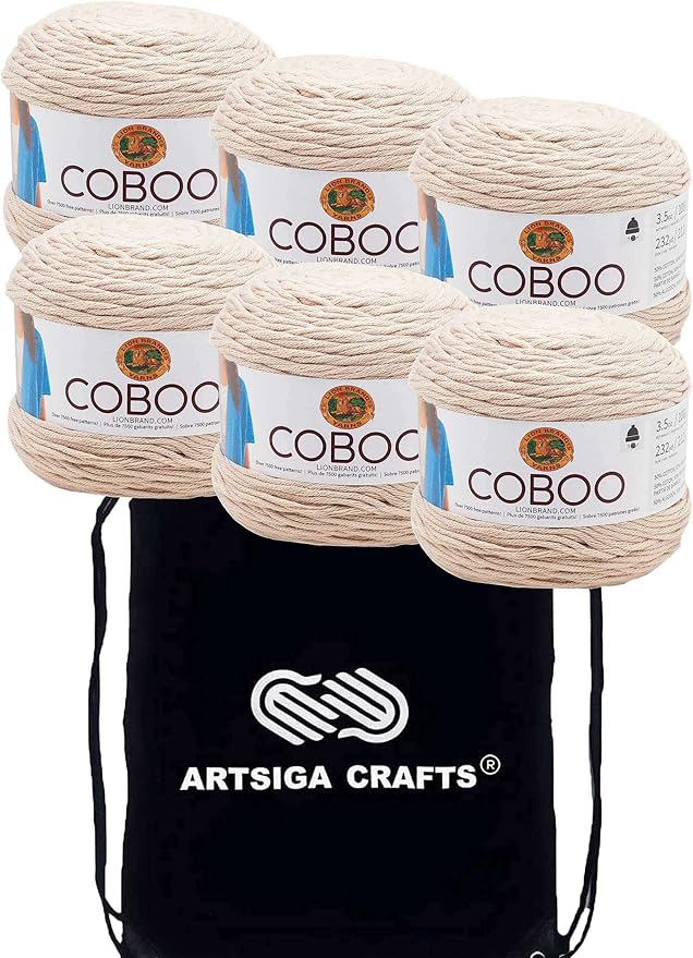Lion Brand Coboo Tan 835-123 (6-Skeins - Same Dye Lot) DK Light Worsted #3 Cotton, Bamboo Yarn for Crocheting and Knitting with Project Bag