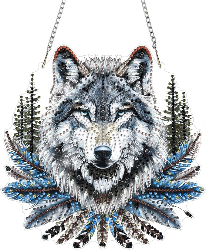 DOMROM Wolf Diamond Art Hanging Kits for Adults Beginners, Special Shaped Crystal Diamond Painting Wolf Pendant, DIY Diamond Art Suncatchers Animal for Home Garden Wall Decor Gift