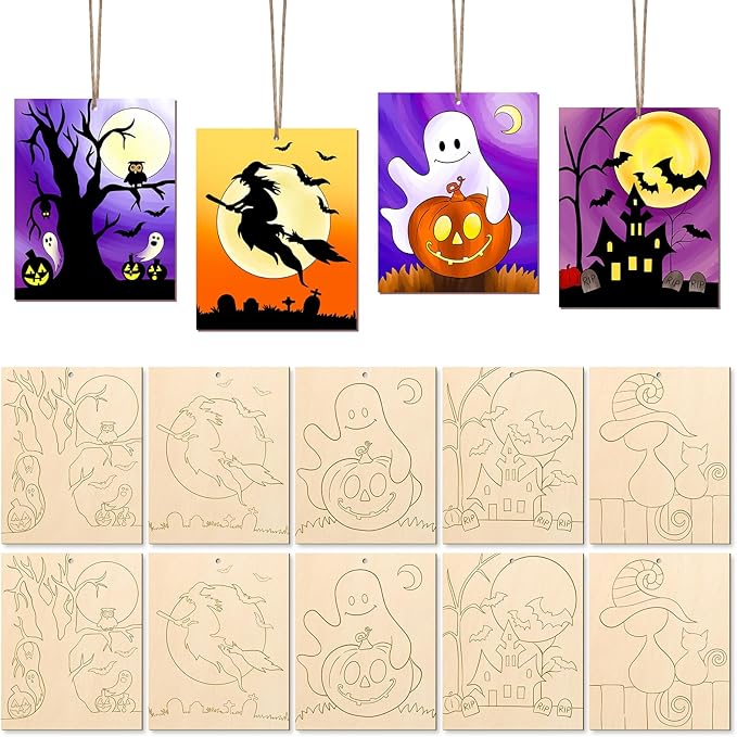 COCHIE 10PCS Large Halloween Unfinished Wood Crafts to Paint for Adults, Bulk Predrilled Wooden Ornaments for Painting, Ghost Witch Bats Paintable Wood Slices Craft Supplies with Ropes