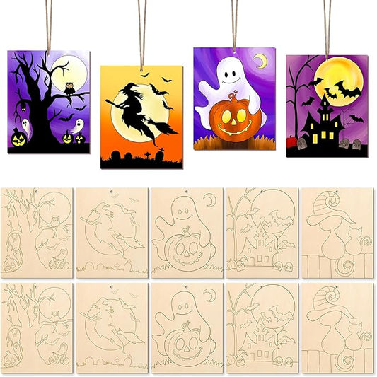 COCHIE 10PCS Large Halloween Unfinished Wood Crafts to Paint for Adults, Bulk Predrilled Wooden Ornaments for Painting, Ghost Witch Bats Paintable Wood Slices Craft Supplies with Ropes
