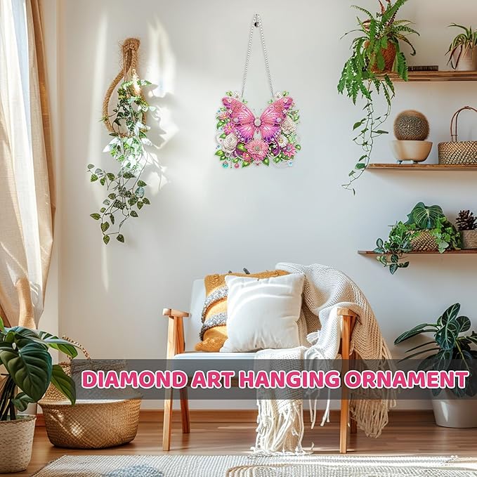 MEIYUDA Butterfly Diamond Art Hanging Kits for Adult, Flowers Butterfly Diamond Painting Hanging Kits Ornaments, DIY Special Shaped Rhinestone Window Pendants kit for Home Garden Wall Decor Gift
