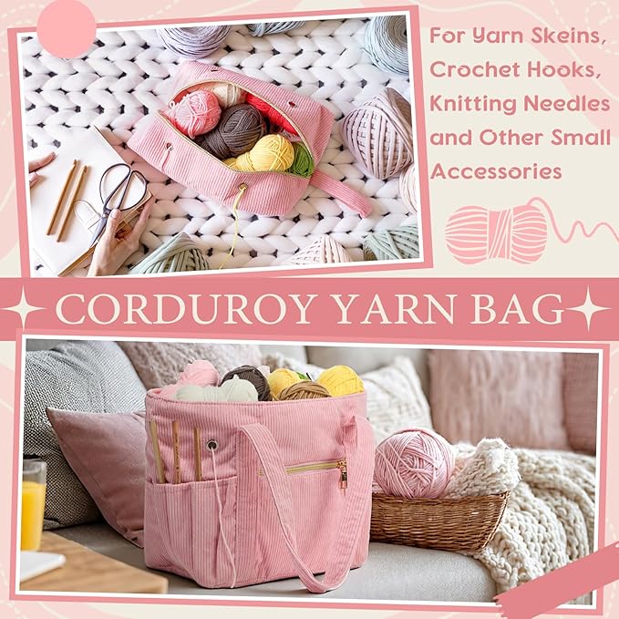 Bulyoou 2 Pcs Crochet Bag and Tote Set Corduroy Yarn Bag for Hooks Organizer Yarn Holder for Crochet Lovers Knitting Accessories(Pink)
