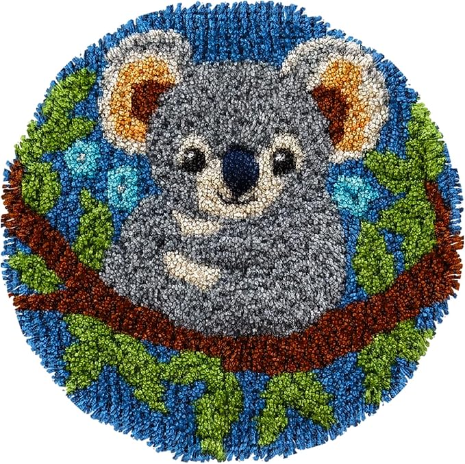 Latch Hook Rug Kit Cute Koala Portrait Easy for Beginners Round Shape Carpet Crochet Yarn Craft Mini Rug DIY Hook and Latch Little Tapestry for Home Decor 30x30cm-3