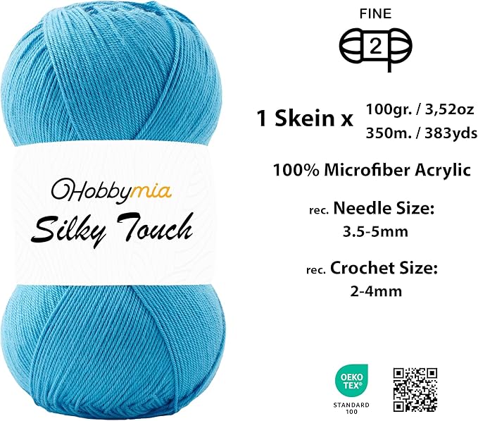 Silky Touch Acrylic Yarn - Soft Sport Weight Yarn for Crochet & Knitting - 100g / 383yds - 100% Microfiber Acrylic - Lightweight Fine Smooth Yarn(Blue - Turquoise, 1 Skein)