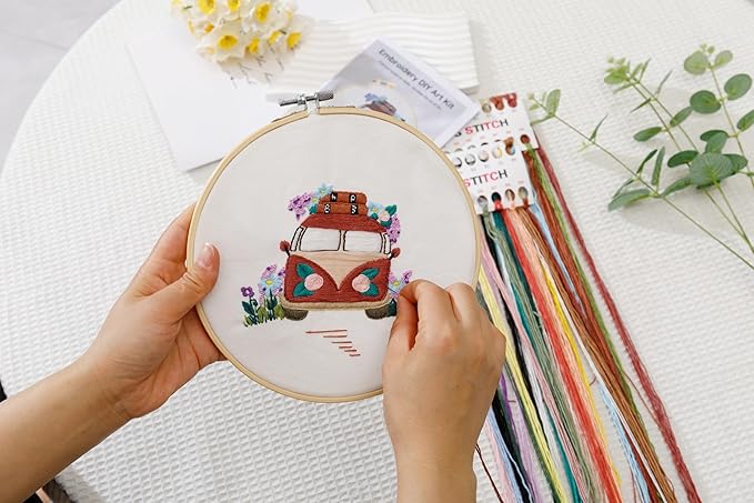 Looples Embroidery Kit for Beginners and Adults with Video Tutorials - Complete Embroidery Starter Kit with 3 Stamped Floral Patterns, Hoops, Threads, Needles, and Instructions (Car, Globe and Camera)
