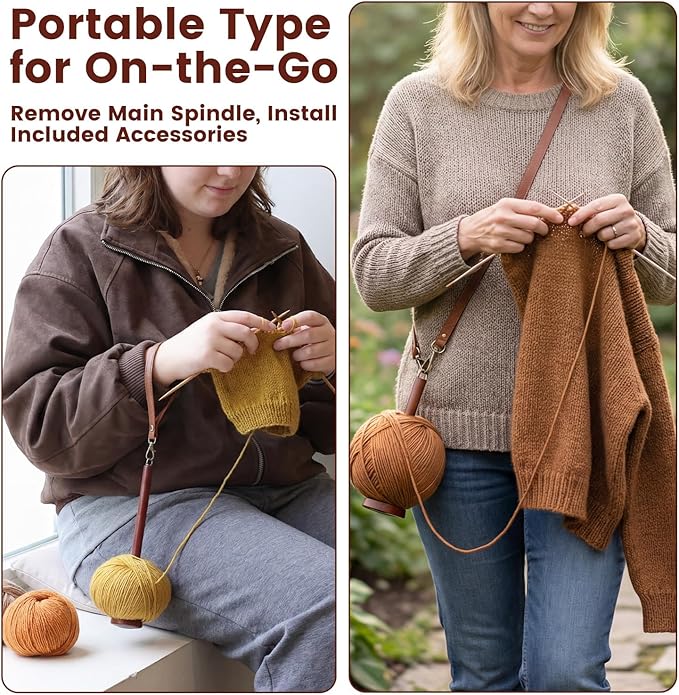 OrbitShell 2-in-1 Yarn Holder for Crocheting and Knitting, Dual Spindle Magnetic Yarn Spinner with Portable Wrist & Shoulder Strap, Wooden Yarn Minder for Home & Travel Use, Crochet Gifts for Crafters