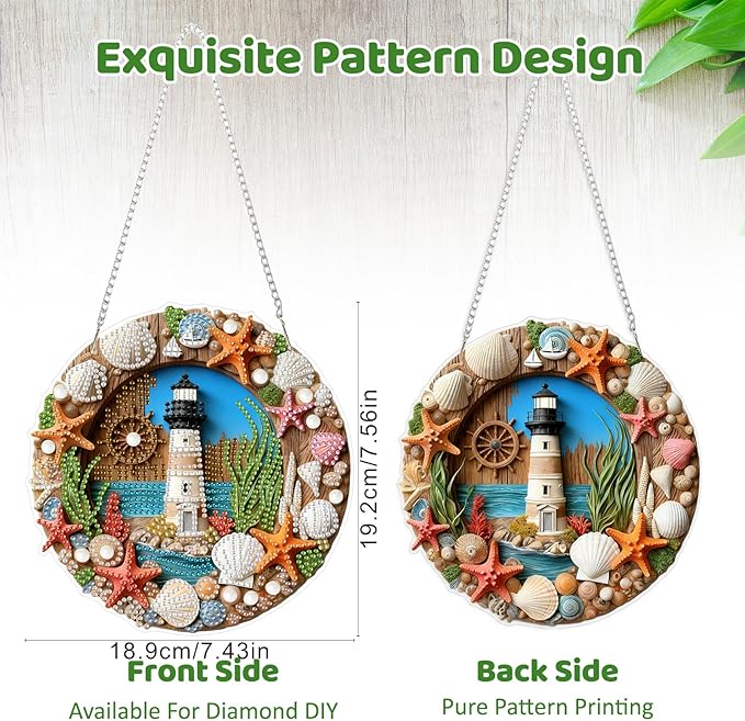 MEIYUDA Lighthouse Diamond Art Hanging Kits for Adult, Shell Starfish Wreath Diamond Painting Hanging Kits Ornaments, DIY Special Shaped Rhinestone Window Pendants Kit for Home Garden Wall Decor Gift