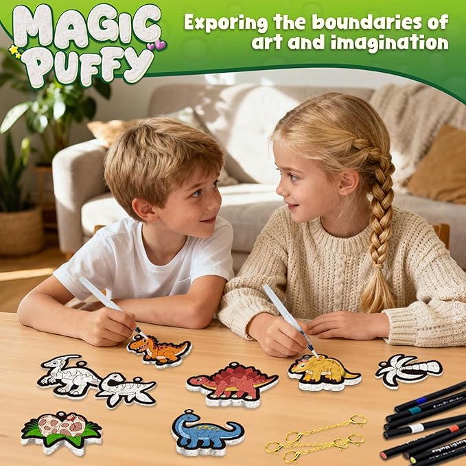 MZYTOZA 3D Art Kit Aqua Magic Puffs Dinosaur - Double-Sided, 15 Mess-Free Paint by Number Craft for Kids, Christmas Gift Idea & Stocking Stuffer, Art Projects with Puff Markers