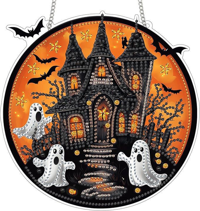 Reofrey Hanging Diamond Art Kits for Adults - 8x8 Inch Halloween Ghost Acrylic Board Double Sided Pattern Diamond Art Suncatcher Pendant, Crystal Art for Home Wall or Window Decoration Handmade Gift