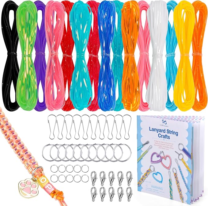 PP OPOUNT Lanyard String Kit for Summer Camp Adults – 15 Plastic Gimp Strings with 40 Keychain Accessories & Instructions, DIY Bracelets Keychains Adults Gift Craft Set(Solid/Glitter/Laser Colors)