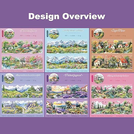 6 Rolls Scenic Landscape PET Tape, Seamless Countryside and Mountain Views Decorative Scrapbook Supplies for Journaling Planners and Creative Crafting