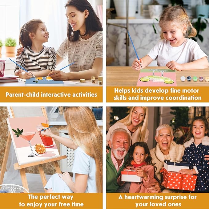NEWENMO 4 Pack Paint by Numbers for Adults with Wooden Framed, Cocktail Kitchen, Paint by Number Kits on Canvas for Beginner, DIY Acrylic Oil Painting Kits for Home Decor 8x10 inch, Fruit Drink
