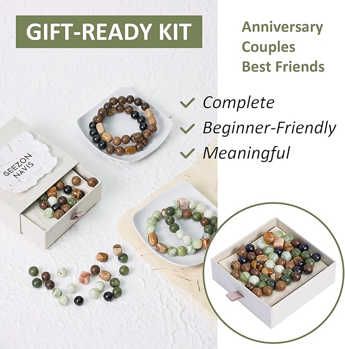 Geezon Navis Bracelet Making Kit - 10mm Natural Stone Beads with Wooden Beads - 48pcs Multicolor - DIY Jewelry Making Starter Kit Adult Men Women Birthday Gift Craft (48, Color A)