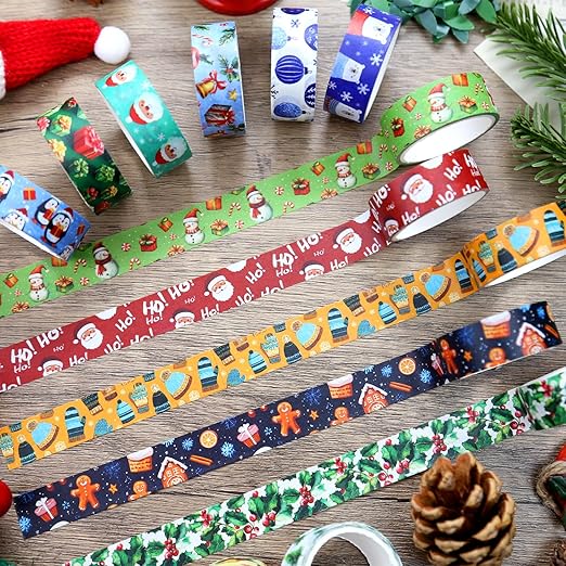 Christmas & Winter Washi Tape Set - 16 Rolls Holiday Decorative Tape for Bullet Journals, Scrapbooking & Gifts (0.6" x 10 ft) - Santa, Tree, Snowman, Penguin, Bear, Red Green Blue