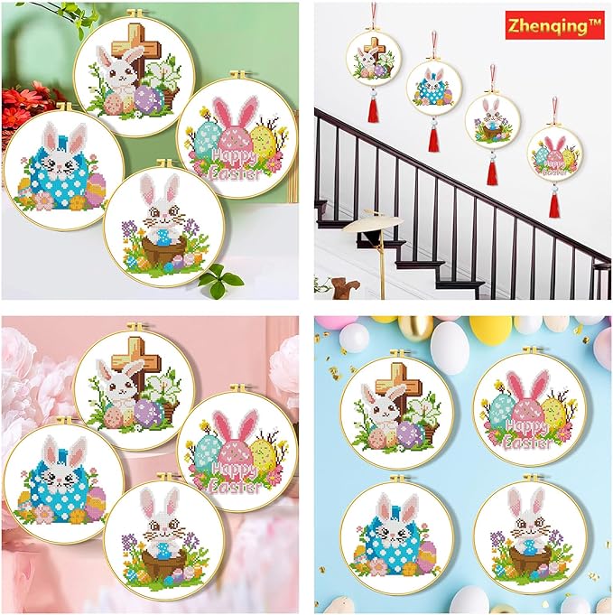 Zhenging Easter Cross Stitch Kit with 4 Bunny & EggPatterns -9.45x9.45 Inch Hoop, Pre-Printed Fabric,Threads, Tools -DlY Easter Craft Gift for Adults, HomeDecor