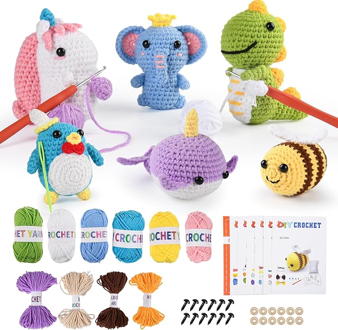 MINGOMINGO Crochet Kit for Beginners - 6 Pack Animals Amigurumi, DIY Craft for Adults and Lover, Gift for Crochet Lovers,Christmas Gifts, with Step-by-Step Video Tutorials (40%+ Yarn)