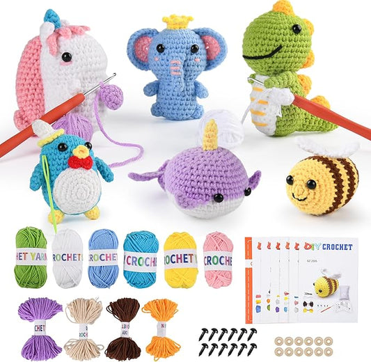 MINGOMINGO Crochet Kit for Beginners - 6 Pack Animals Amigurumi, DIY Craft for Adults and Lover, Gift for Crochet Lovers,Christmas Gifts, with Step-by-Step Video Tutorials (40%+ Yarn)