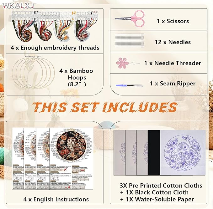 wkalxj 4 sets owl embroidery kit - 8.2" hoops, embroidery kit for beginners to advanced, cross stitch kits, needlepoint kits with instruction, video, needle point kits (advanced owl set)