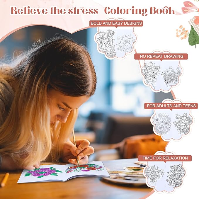 Liliful 72 Pcs Flower Coloring Book Bulk for Adult Calm Supplies DIY Art Stress Relief Drawing Book with Colorful Flower Patterns Favors Goodie Bag Filler and Holiday Gifts