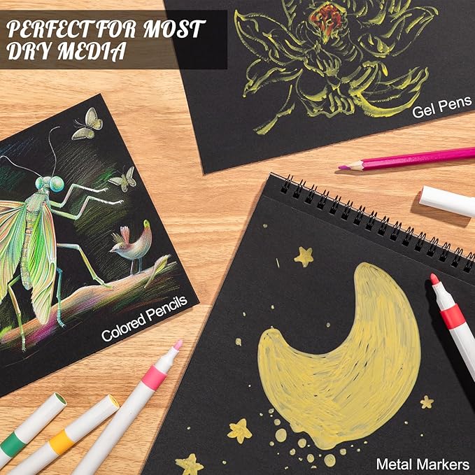 30 Sheets Black Paper Sketchbook, 98lb/160gsm Heavyweight Black Sketch Pad 9×12in, Acid-Free Drawing Paper, Spiral Bound Sketch Book for Kids, Teens, Artist