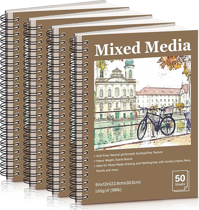4 Pack Mixed Media Sketchbook, 9x12 inches Drawing Paper Sketch Book, 98lb/160gsm Heavyweight Spiral Bound Sketch Pads, Suitable for Arist, Drawing, Painting, Sketching(200 Sheets)