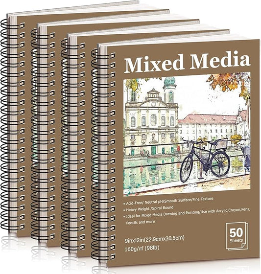 4 Pack Mixed Media Sketchbook, 9x12 inches Drawing Paper Sketch Book, 98lb/160gsm Heavyweight Spiral Bound Sketch Pads, Suitable for Arist, Drawing, Painting, Sketching(200 Sheets)