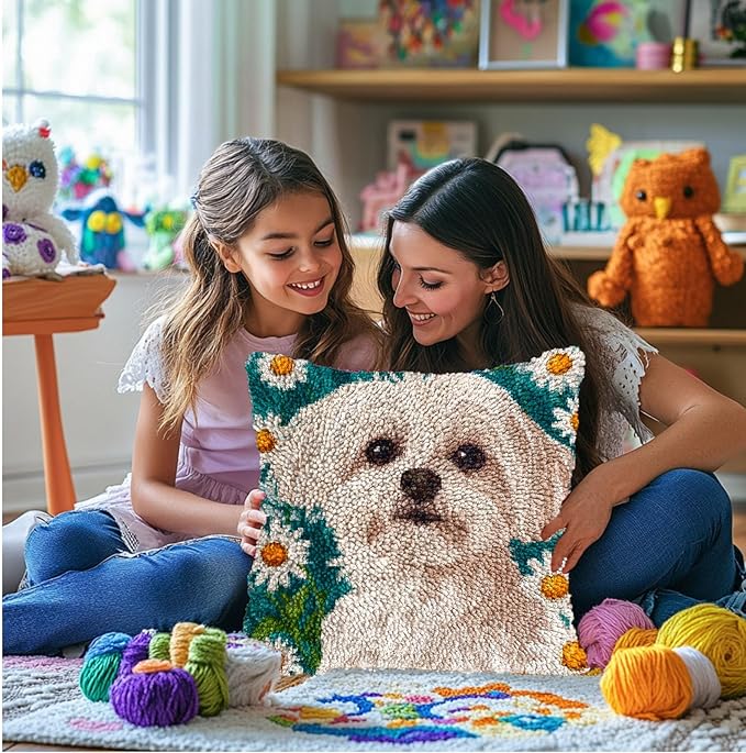 DIY Latch Hook Pillow Kits for Adults Cute Maltese Dog in Daisy Flowers Printed Pillowcase Crochet Yarns Hooking Handmade Pillow Cover Cushion for Home Sofa Decor 17x17inch(4)