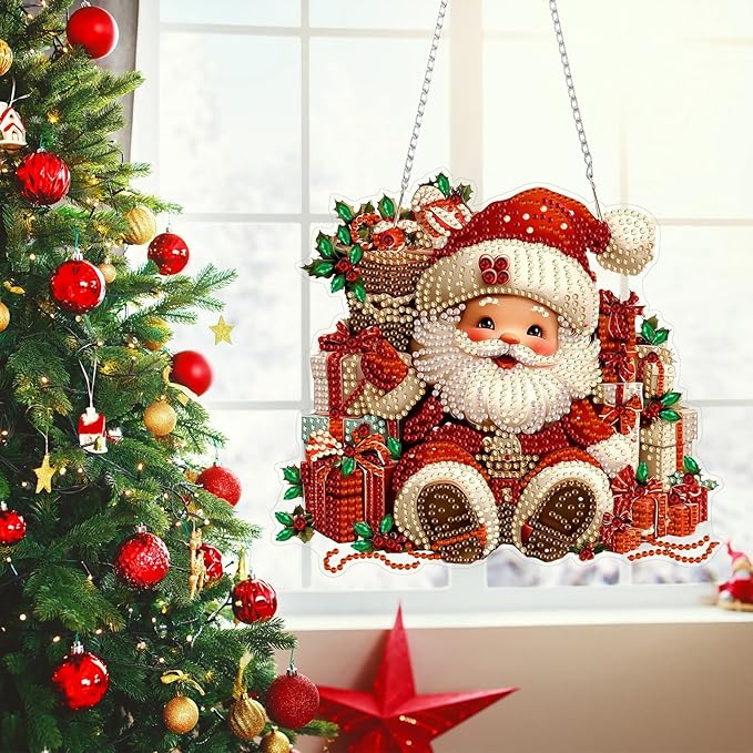 MEIYUDA Christmas Diamond Art Hanging Kits for Adult, Santa Claus Diamond Painting Hanging Kits Ornaments, DIY Special Shaped Rhinestone Window Pendants kit for Home Garden Wall Decor Gift