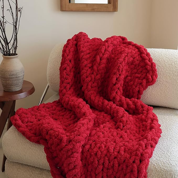 Jumbo Chunky Yarn for Hand Knitting - Super Thick Chenille Chunky Yarn for Crocheting - Extra Soft Bulky Fluffy Blanket Big Yarns 8 Jumbo Pack (27yds,8 oz Each Skein) Red