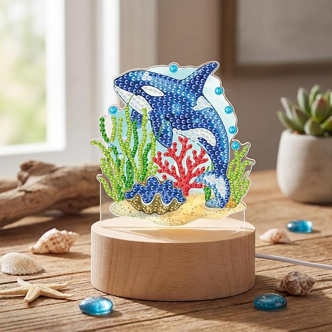 Chunful 13 Pcs Interchangeable Ocean Diamond Art Tabletop with Wooden Light Base Summer Ocean Animal Diamond Tabletop Decor DIY Blue Theme Diamonds Painting Kit for Home Office Tiered Tray Table Decor