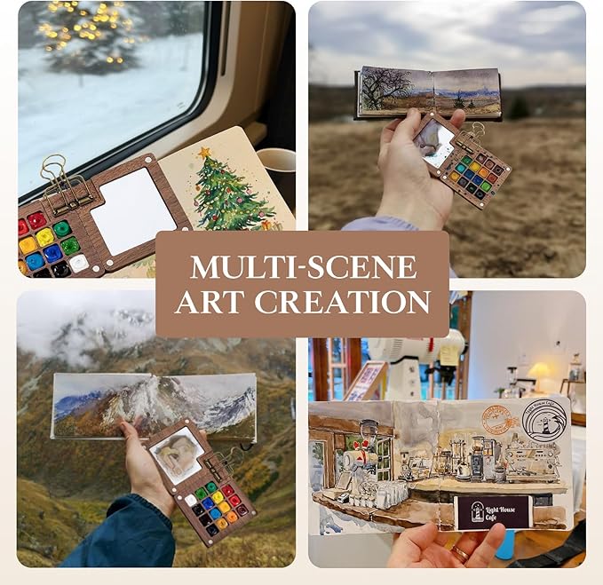Mini Watercolor Travel Set, 15 Grids Pocket Watercolor Sets Portable Water color Painting Supplies With Brush Sketchbook Copper Clip for Beginners