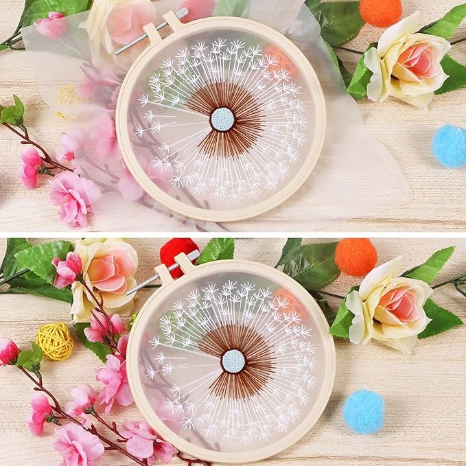 KISSBUTY Full Range Embroidery Starter Kit with Dandelion Pattern, Plastic Hoop, Color Threads, Tools