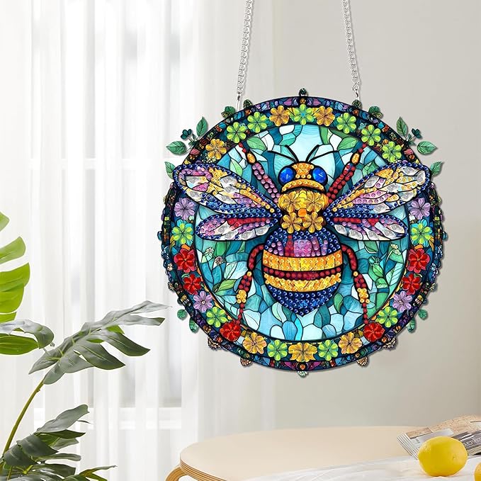Reofrey Hanging Diamond Art Kits for Adults - 8x8 Inch Bee Acrylic Board Double Sided Pattern Diamond Painting Suncatcher Pendant, DIY Crystal Art for Home Wall or Window Decoration Handmade Gift