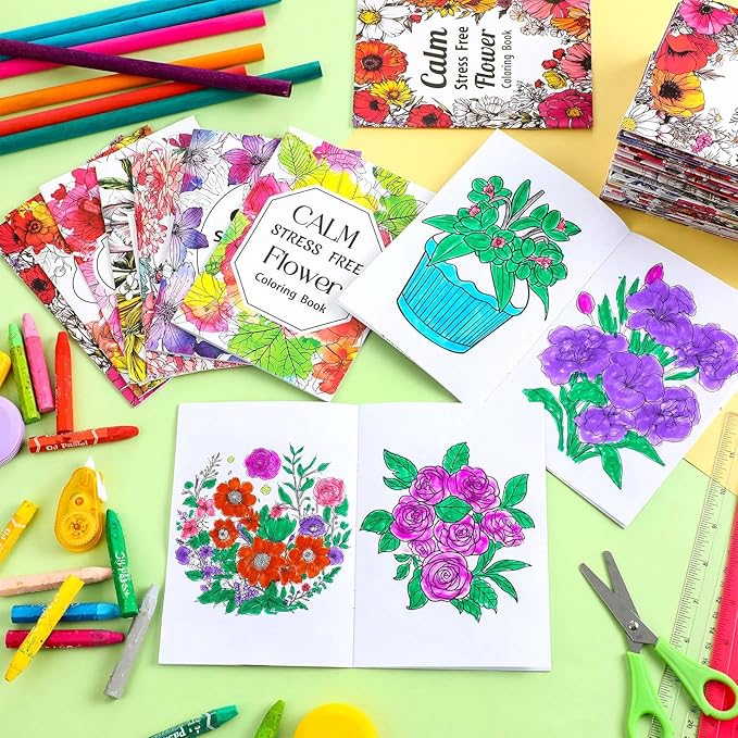 Liliful 72 Pcs Flower Coloring Book Bulk for Adult Calm Supplies DIY Art Stress Relief Drawing Book with Colorful Flower Patterns Favors Goodie Bag Filler and Holiday Gifts
