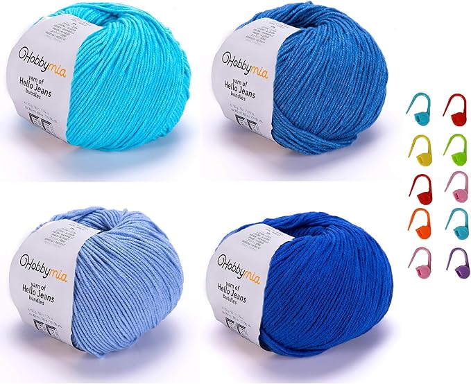 Cotton Yarn Kit - 4 Multicolor Balls Soft Sport Weight Yarn for Crochet & Amigurumi - 50g / 175yds Each & 10 Stitch Markers (H09 - Ocean/Blue)