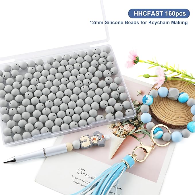 160Pcs 12mm Silicone Beads for Keychain Making Bracelet Necklace, Bulk Round Silicone Beads for Pens(Light Gray)