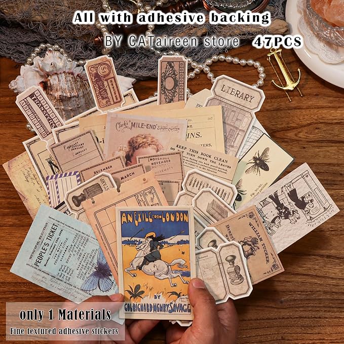 CATaireen Vintage Junk-Journal Mixed Paper Scrapbooking Embellishments Set Retro Journaling Decoupage Stickers Textured Packaging Decorative Cards Tags Kit (Library 1)