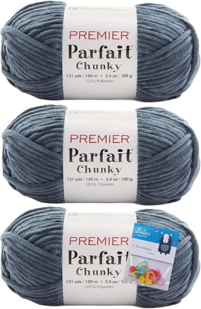 Premier Yarns Parfait Chunky Chenille Yarn 3.5 Oz 6 Super Bulky Weight 3 Pack Bundle with Bella's Stitch Place Holders (Charcoal)