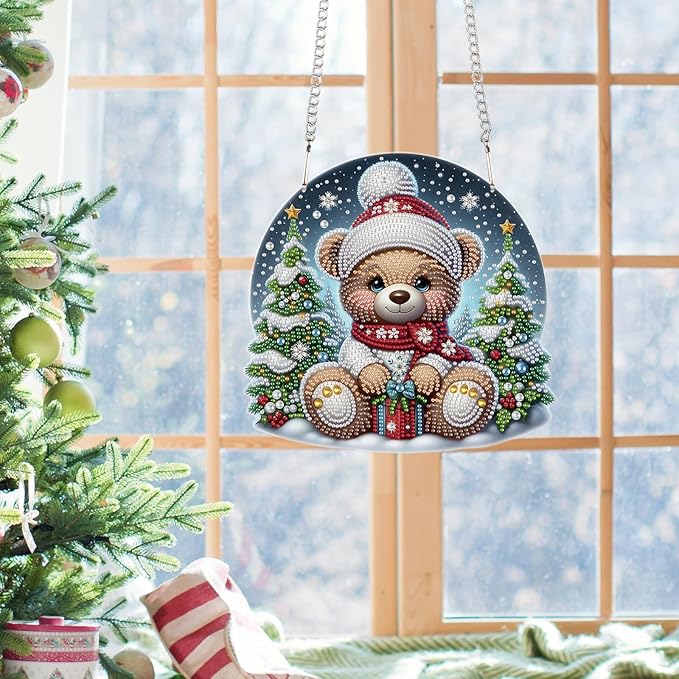 Christmas Diamond Painting Hanging Ornament Kit, 5D DIY Crystal Diamond Art Pendant with Bear Doll and Christmas Tree, Wall, Window & Door Decoration for Adults, Home Holiday Gift, 24.1 x 23.1 cm