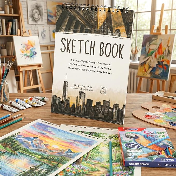 2 Pack Sketch Book with 36 Color Pencil Set, Spiral Sketchbook for Drawing (68lb/100gsm), Acid-Free Sketch Pad for Artist(9×12 inch), Art Paper Drawing Supplies for Gifts (City Style)