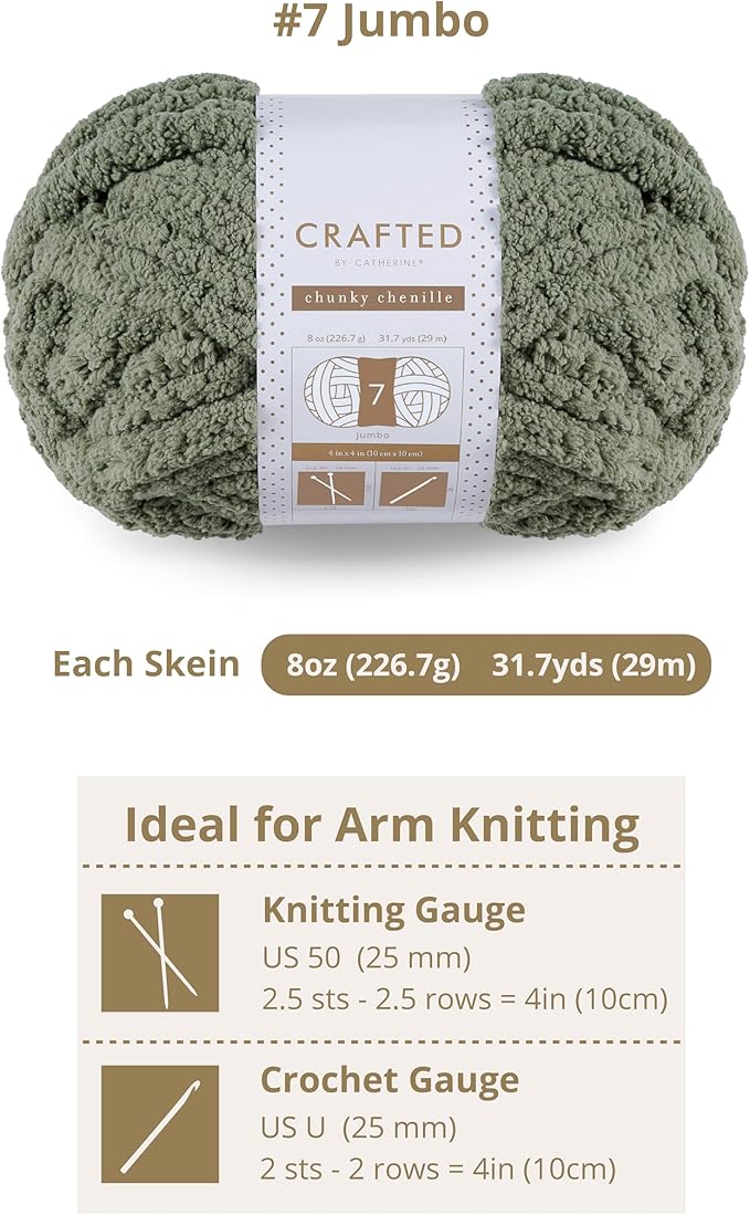 Crafted by Catherine Chunky Chenille Yarn - 2 Pack (8 oz / 227 g, 31.7 Yards Each Skein), Olive, Gauge 7 Jumbo