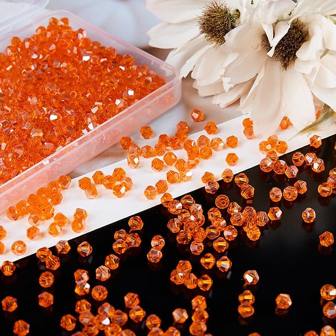 laopottbeads 1100pcs 4mm bicone crystal glass beads for jewelry making, sparkling mini beads for suncatchers, diy bracelets & craft projects (orange)