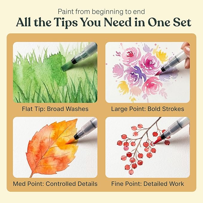 Original Tobios Watercolor Brush Pens Set – 4 Refillable Water Pens for Artists, Adults & Beginners, Leakproof Brush Tips for Blending, Calligraphy & Adult Coloring, Portable Paint Brush Set, Art Gift