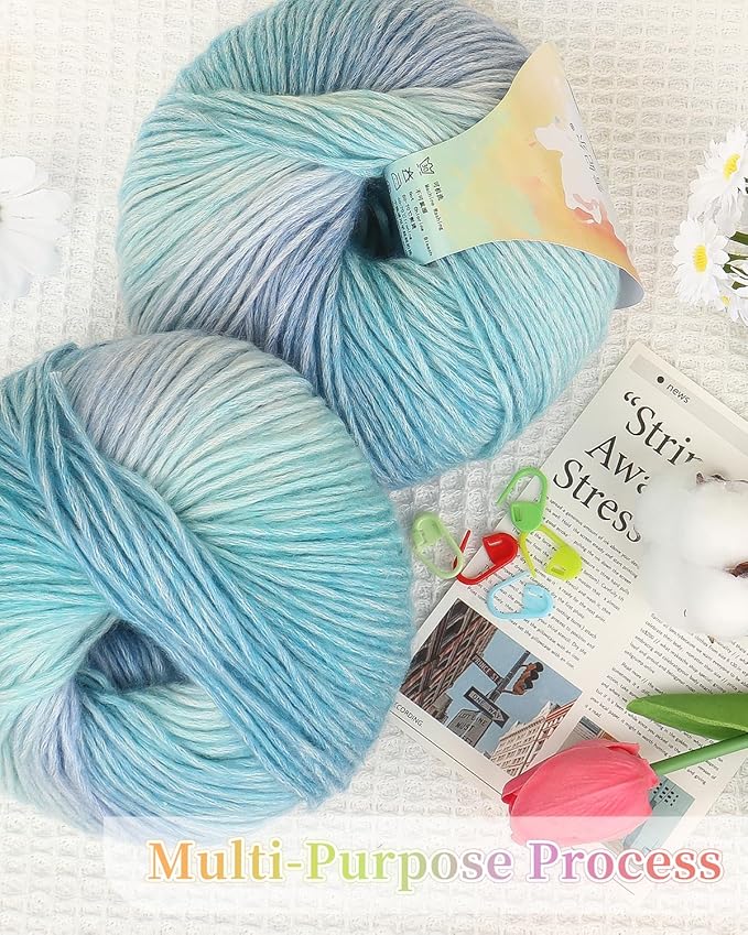 Coopay Yarn for Crocheting Knitting, Gradient Cake Yarns, 2 × 3.53oz - 240yds - 50% Cotton 50% Acrylic Ombre Yarns, Crochet Yarn for Blankets, Shawls, Scarves (104 Blue Light)