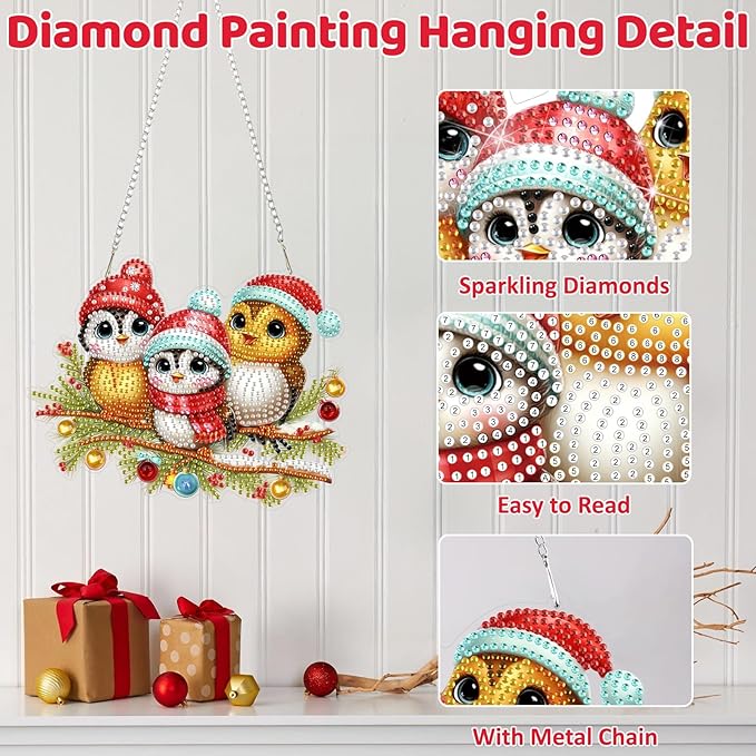 MEIYUDA Christmas Birds Diamond Art Hanging Kits for Adult, Cute Winter Birds Diamond painting Hanging Kits Ornaments, DIY Special Shaped Rhinestone Window Pendants kit for Home Garden Wall Decor Gift