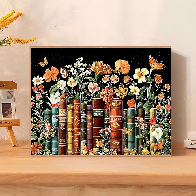 mrpwnle Book Diamond Art Kits for Adults, Vintage Book Flowers Diamond Painting for Adult, 5D Diamonds Painting, DIY Round Full Drill Gem Art Crafts Kit Home Wall Decor Gifts 16x12 inch
