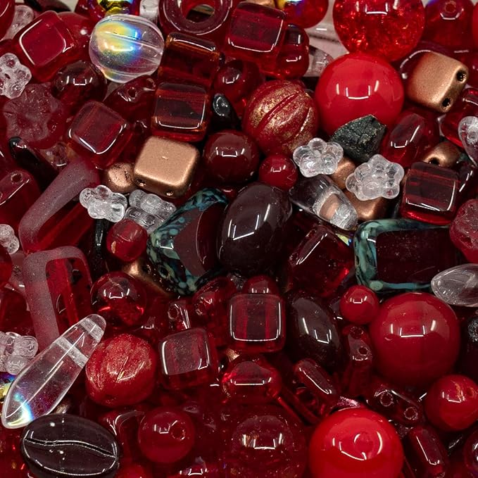 1.4oz (40g) Random Mix of Czech Glass Beads, Hand Made Set Kit, Red